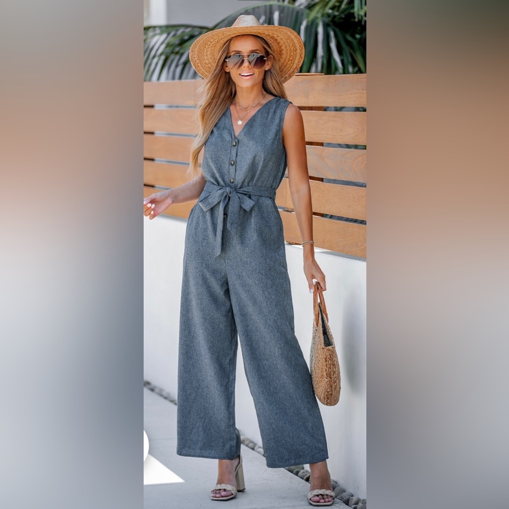 MEDIUM V-NECK BUTTONED BELTED JUMPSUIT